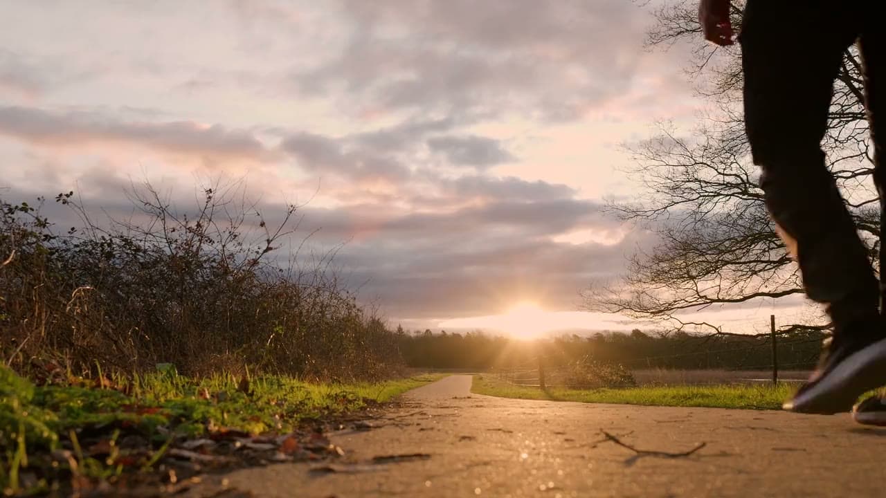 A person walking down a road at sunset